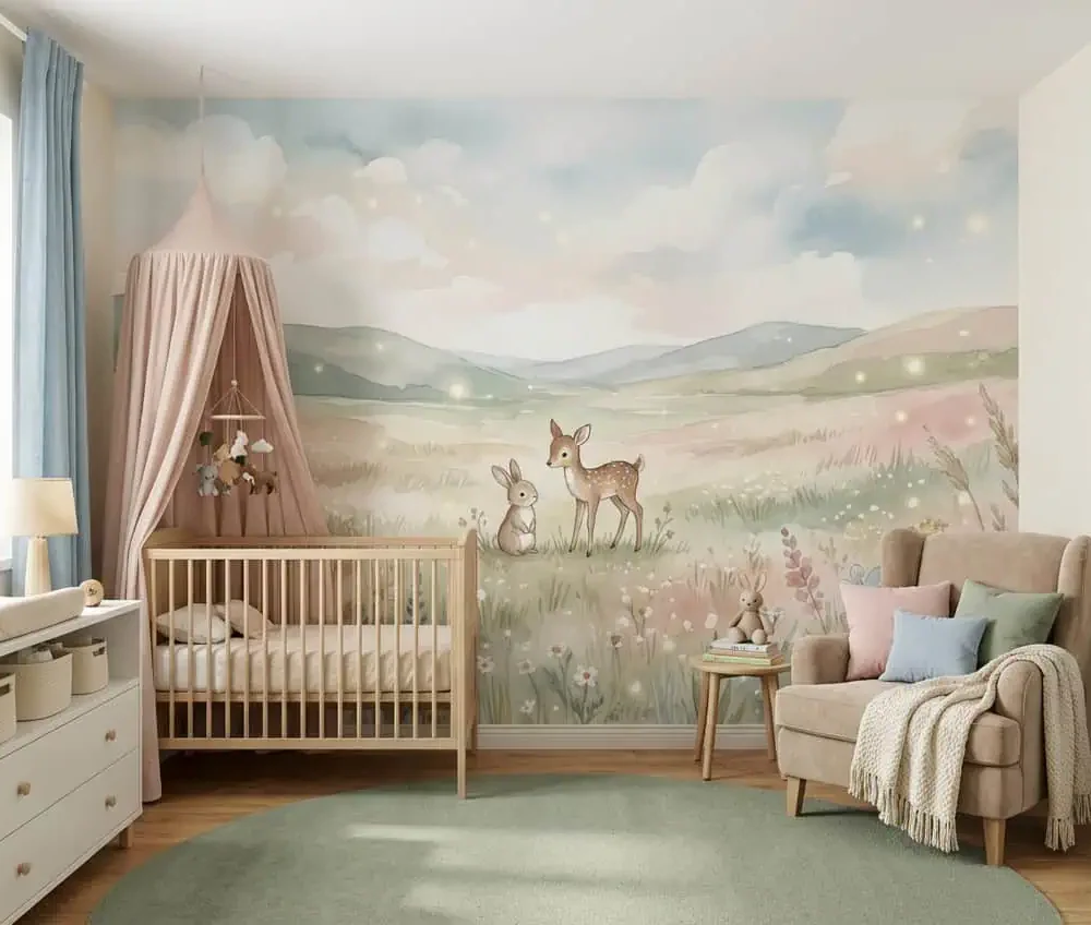dieren behang pastel achter ledikant in lichte babykamer