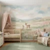 dieren behang pastel achter ledikant in lichte babykamer