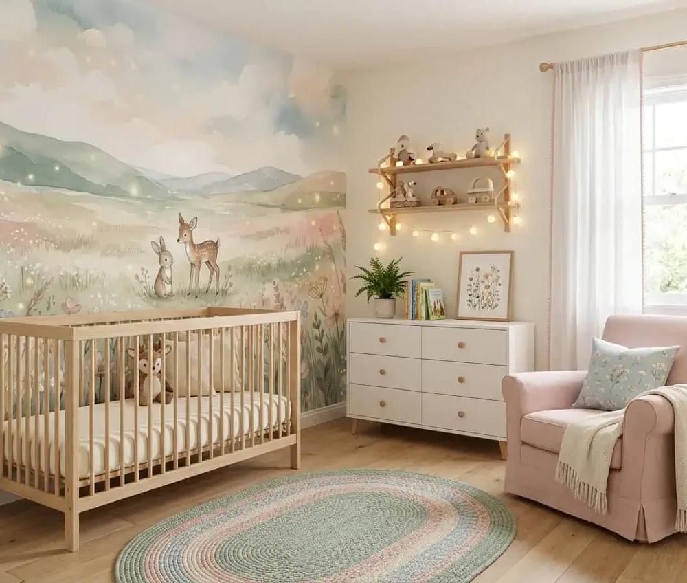 dieren behang pastel achter ledikant en commode in babykamer