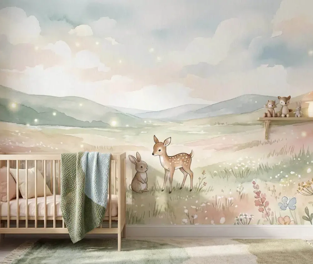 dieren behang pastel achter ledikant met plank en knuffels in babykamer