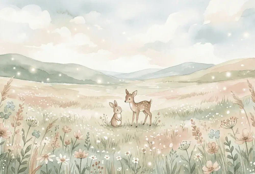 dieren behang pastel met hertje en konijn in dromerig weidelandschap