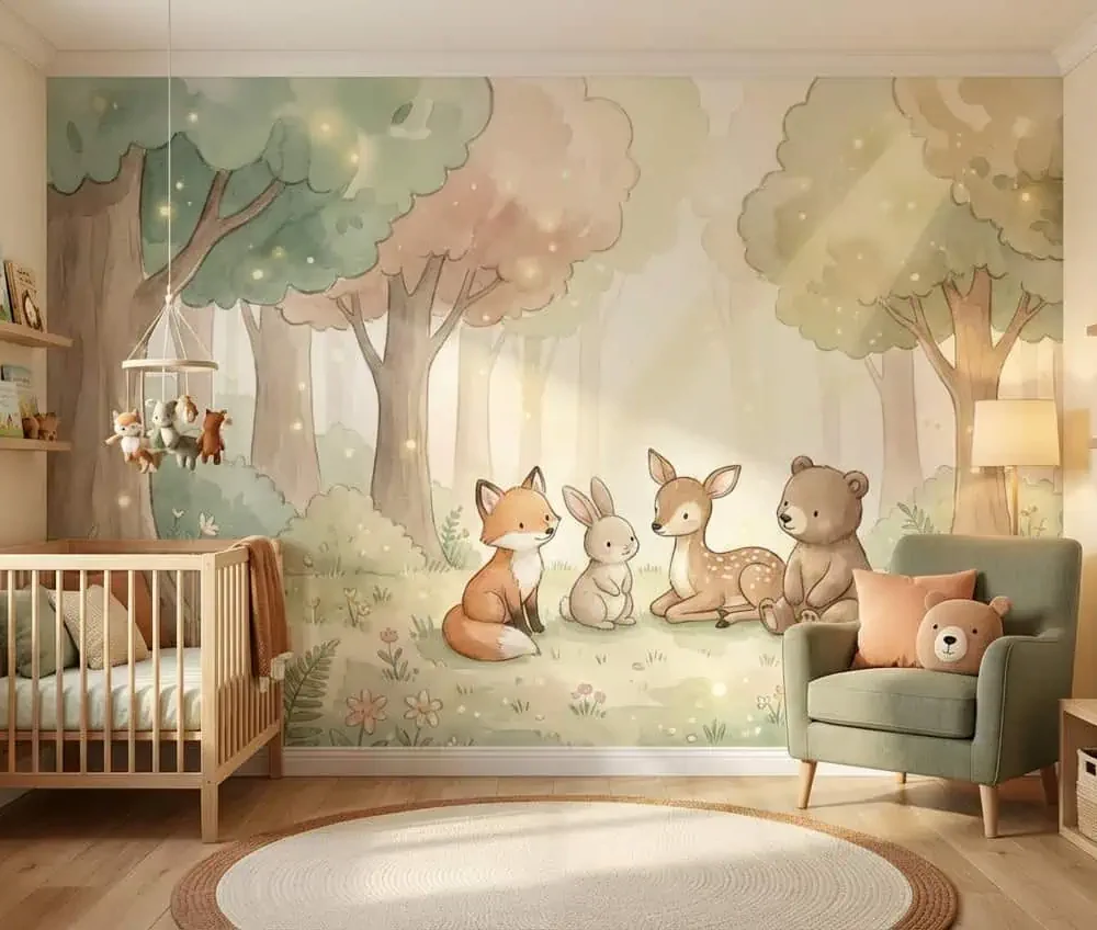 dieren behang pastelbos achter ledikant in babykamer