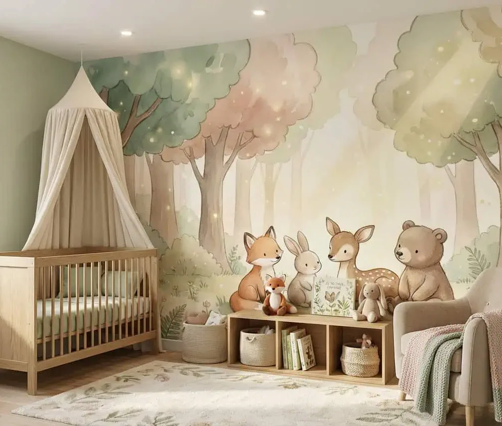 dieren behang pastelbos achter ledikant en fauteuil in babykamer