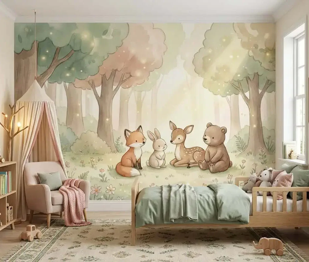 dieren behang pastelbos achter kinderbed in lichte kinderkamer