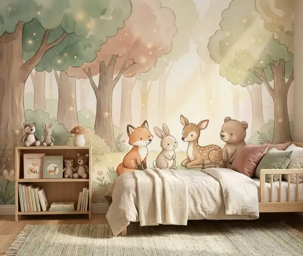 dieren behang pastelbos achter kinderbed en fauteuil in kinderkamer