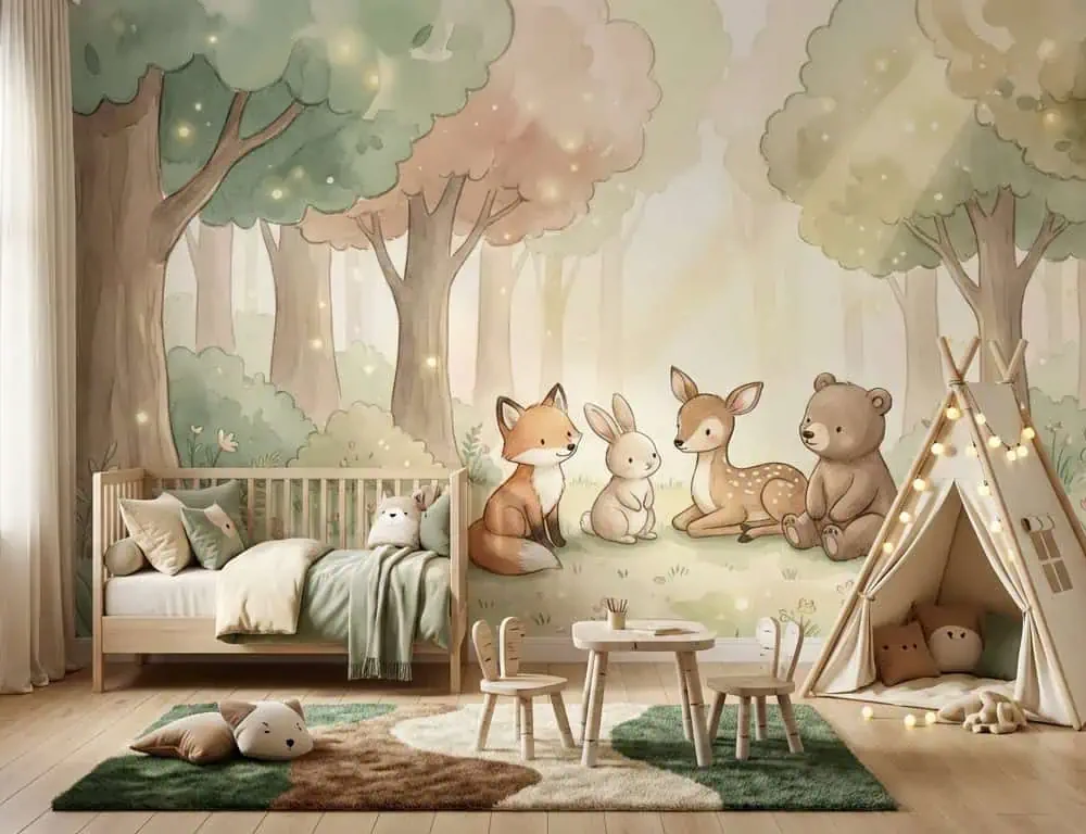 dieren behang pastelbos achter tipi tent en kindertafel in kinderkamer