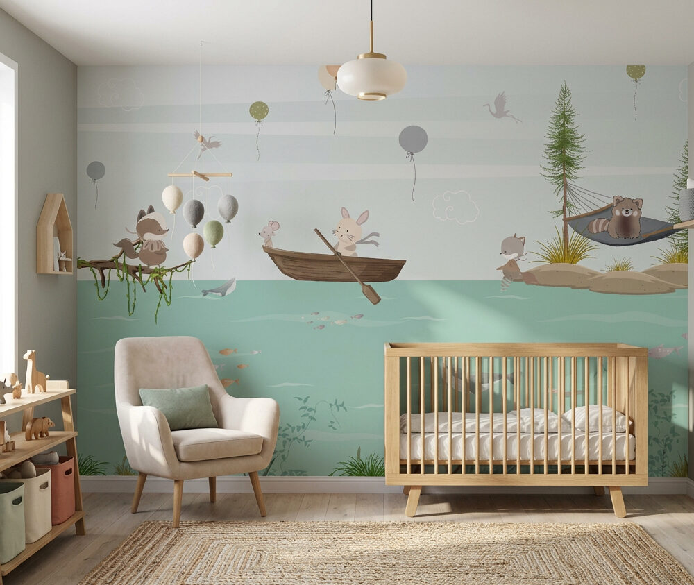 dieren behang pastelgroen achter ledikant en schommelstoel in babykamer