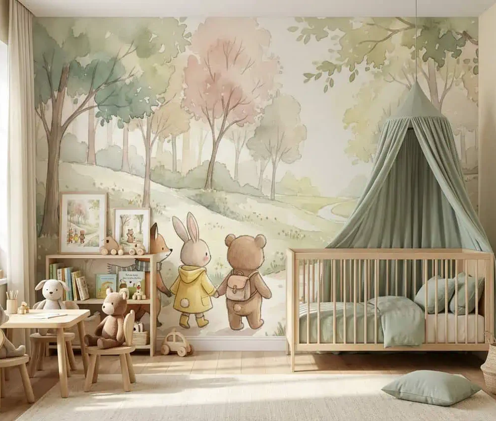dieren behang pastelwandeling achter ledikant en kindertafel in babykamer