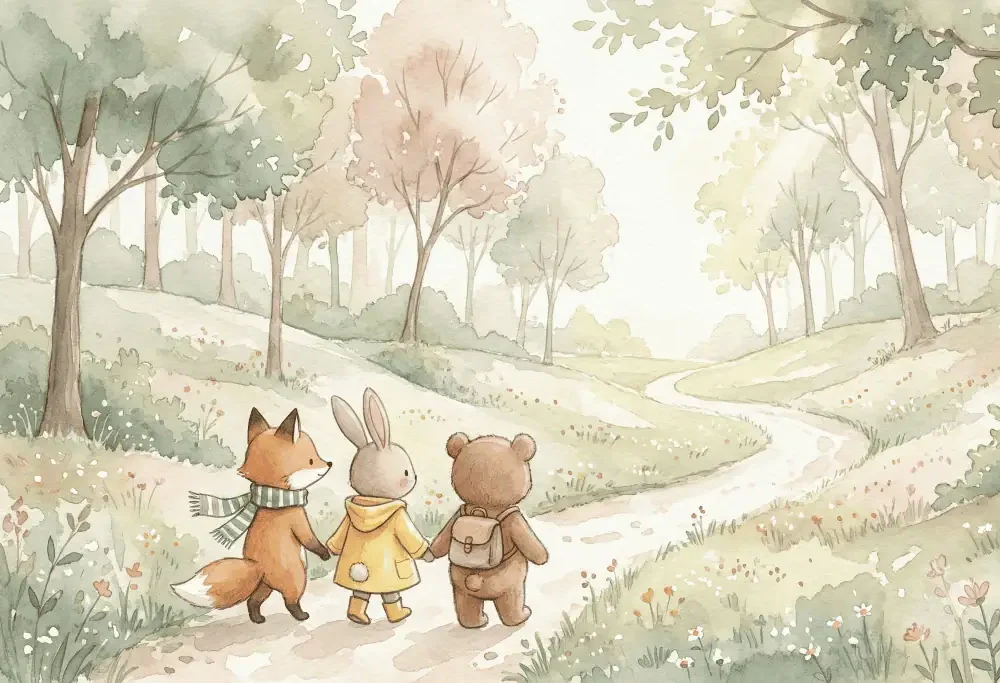 dieren behang pastelwandeling met vos, konijn en beer in een licht pastel bos