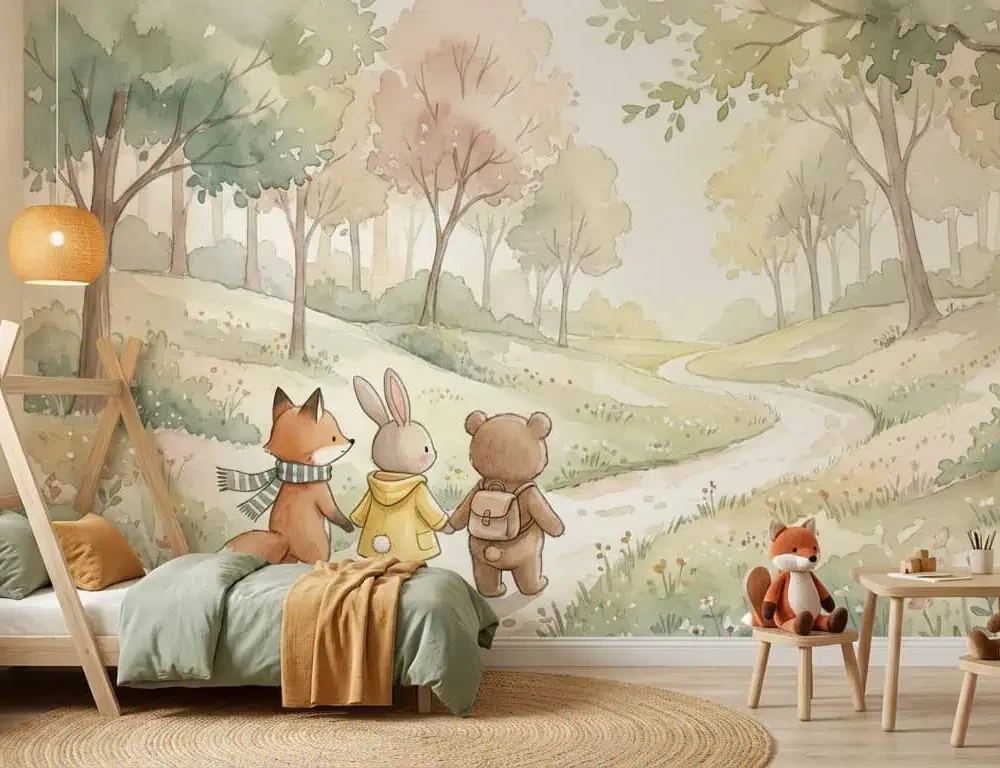 dieren behang pastelwandeling achter kinderbed en speelhoek in kinderkamer