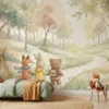 dieren behang pastelwandeling achter kinderbed en speelhoek in kinderkamer