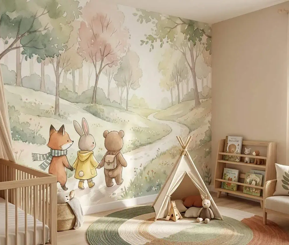 dieren behang pastelwandeling achter ledikant, tipi tent en fauteuil in kinderkamer