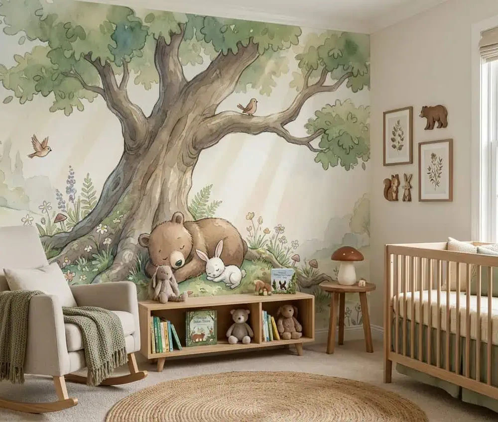 dieren behang sprookjesbos achter wiegje en schommelstoel in babykamer