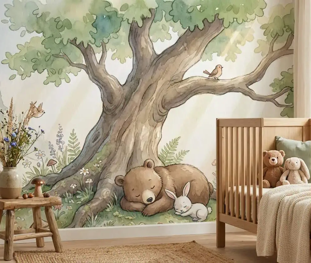 dieren behang sprookjesbos met aquarel boom, slapende beer en konijn in pastelgroene tinten