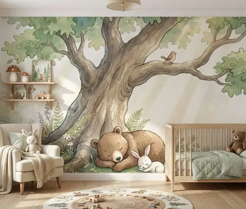 dieren behang sprookjesbos achter fauteuil en ledikant in kinderkamer