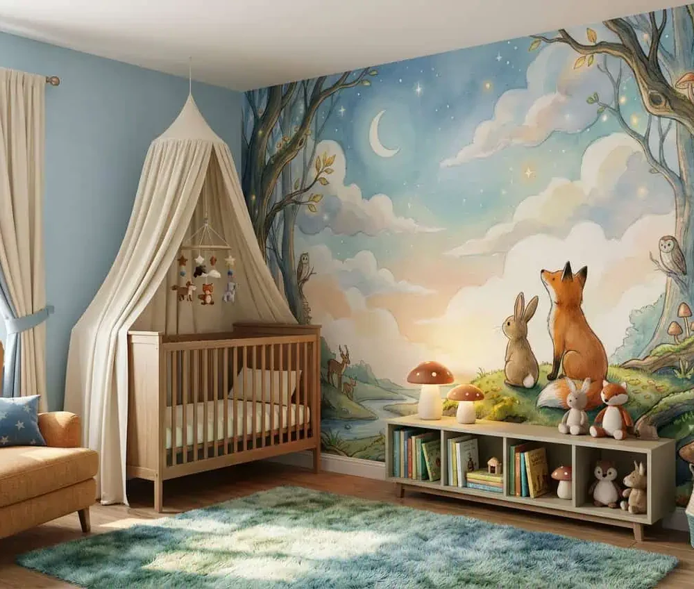 dieren behang vos konijn achter wieg en fauteuil in babykamer