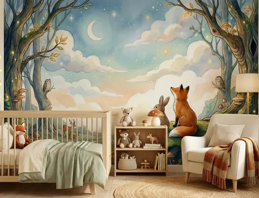 dieren behang vos konijn achter wieg en fauteuil in lichte babykamer