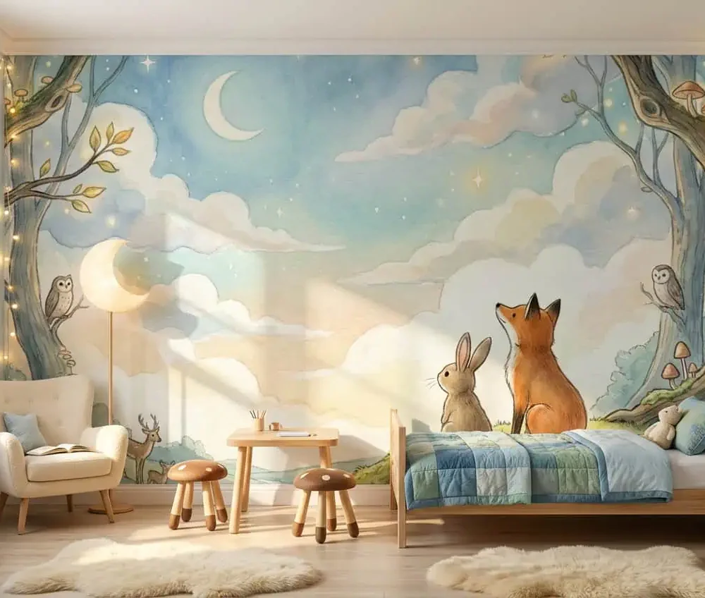 dieren behang vos konijn achter kinderbed in gezellige kinderkamer