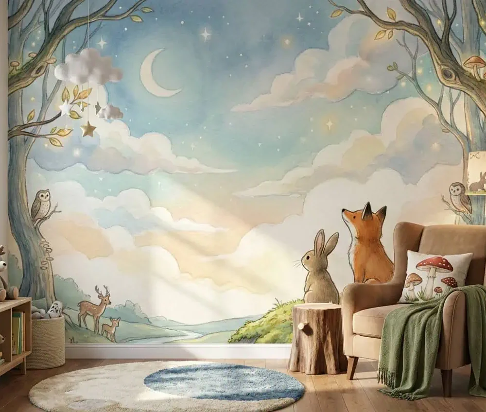 dieren behang vos konijn achter fauteuil en pluche dieren in kinderkamer