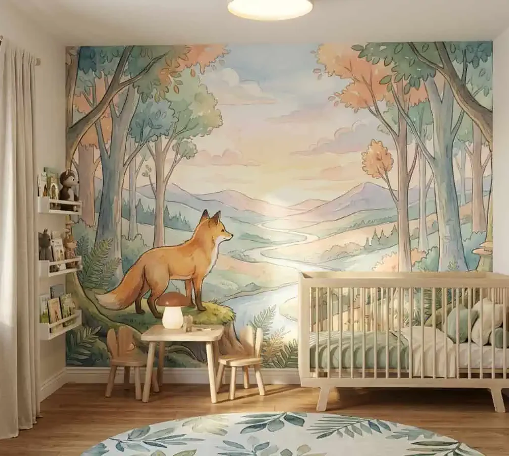dieren behang vos pastel bos achter wieg en speeltafel in babykamer