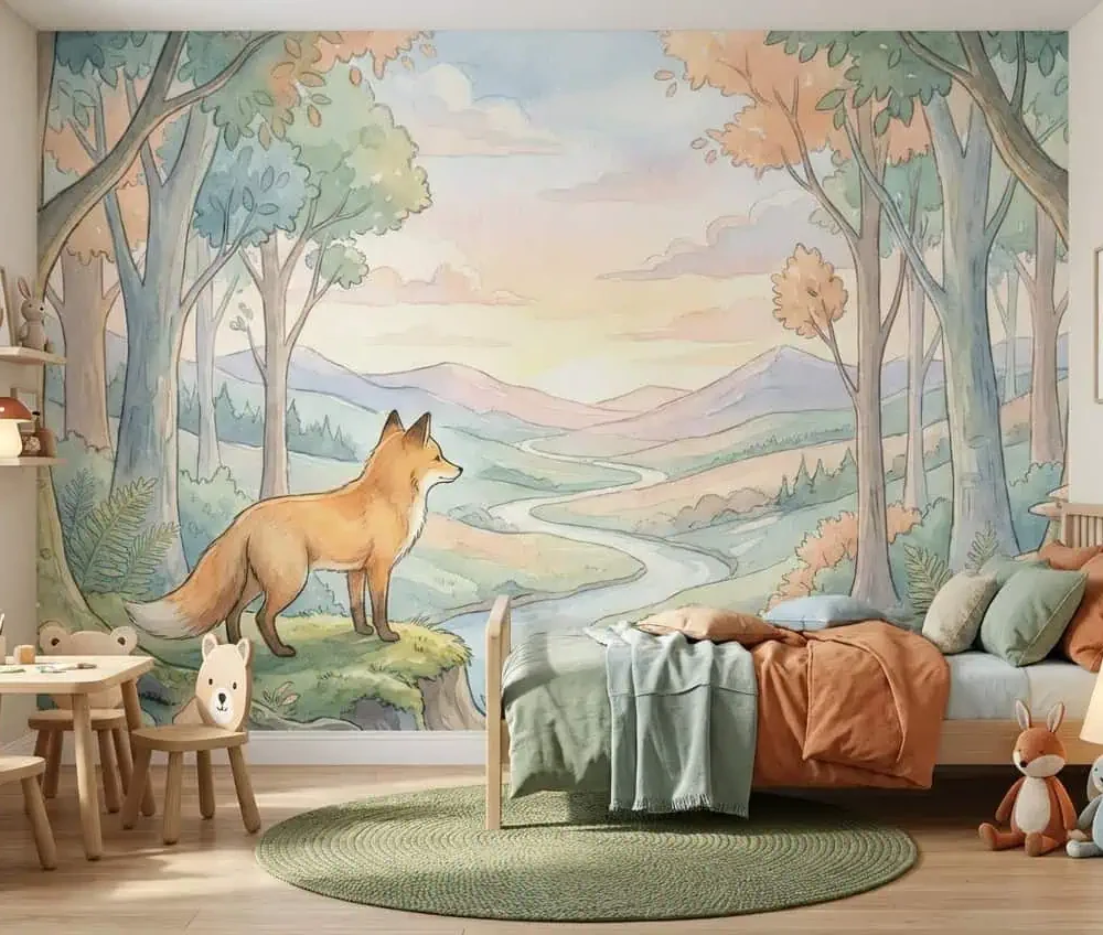dieren behang vos pastel bos achter kinderbed en speeltafel in kinderkamer