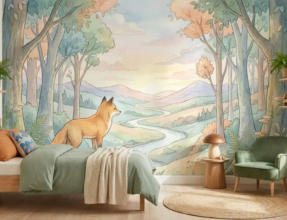 dieren behang vos pastel bos achter eenpersoonsbed en fauteuil in kinderkamer