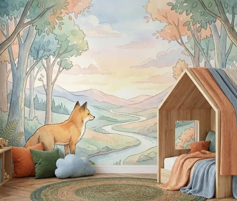 dieren behang vos pastel bos achter huisbed en kussens in kinderkamer