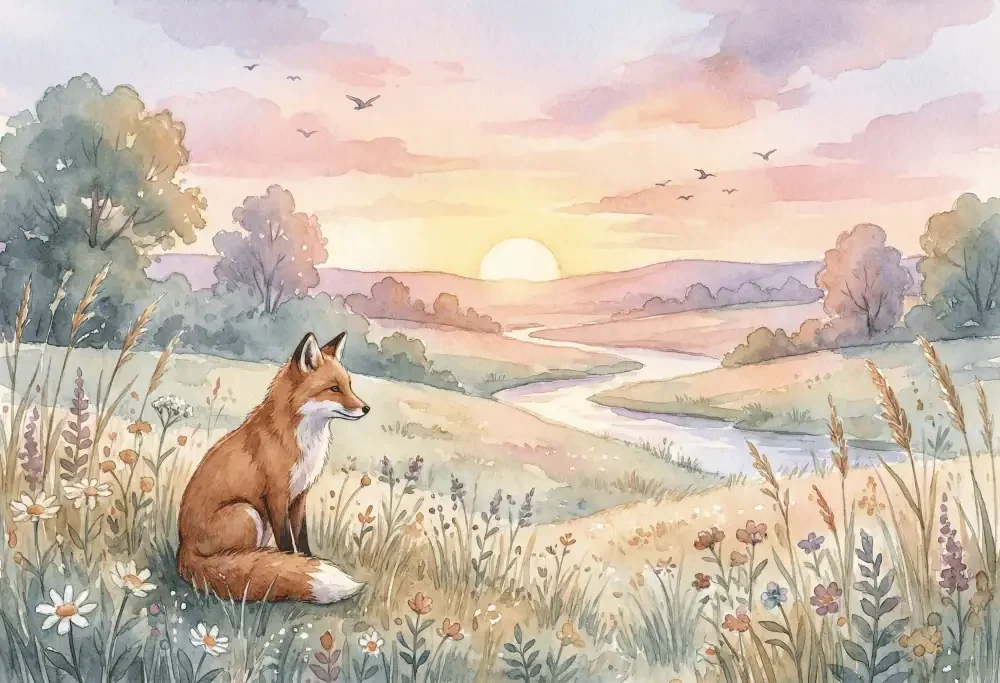dieren behang vos pastel zonsopgang met aquarel landschap en vos in zachte pastelkleuren