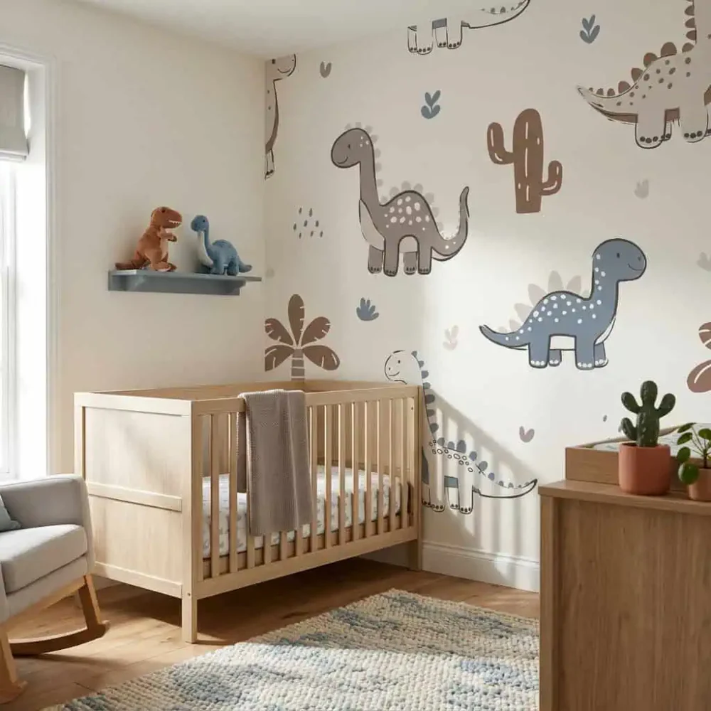 dino behang blauw taupe achter babybedje en commode in babykamer