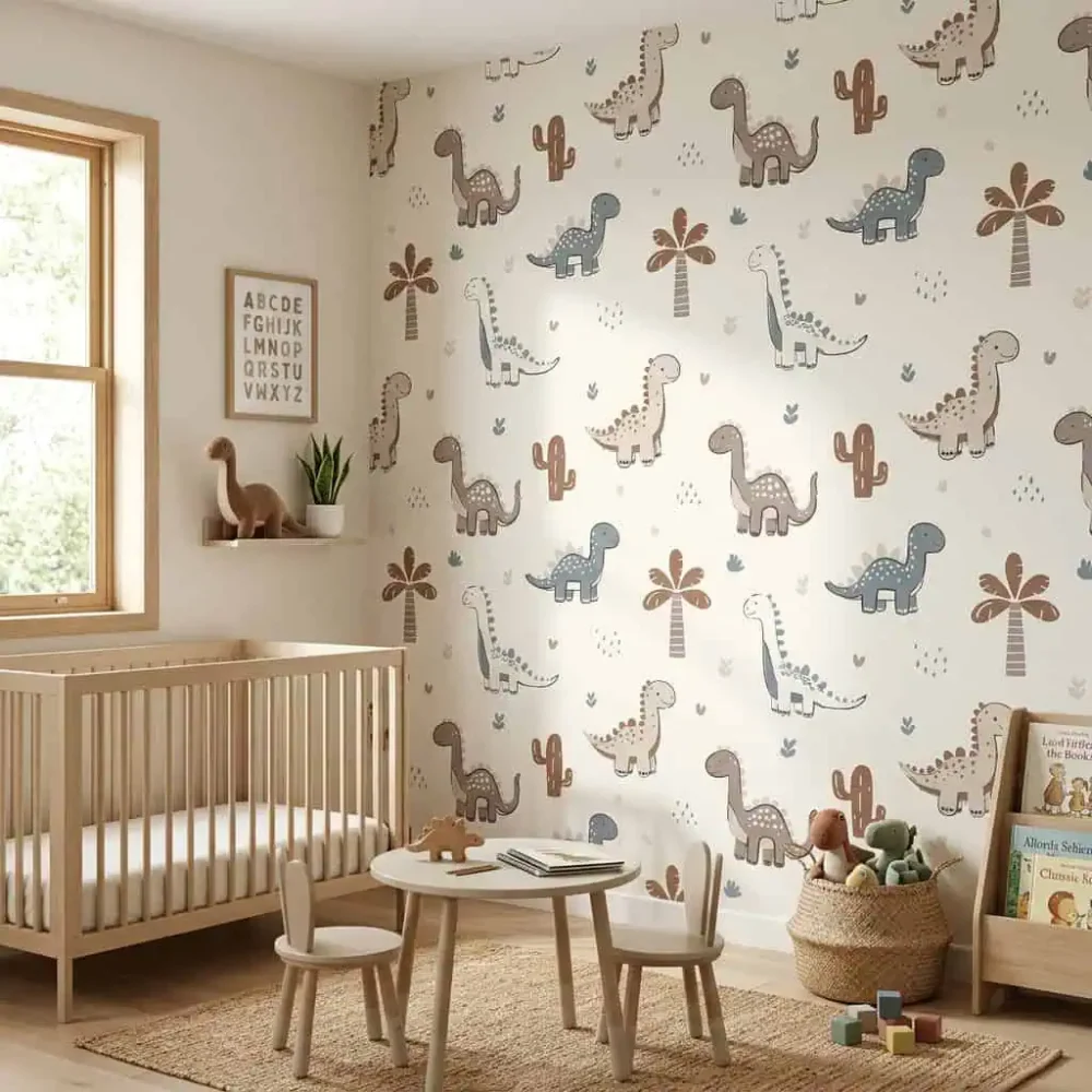 dino behang blauw taupe achter kinderbedje en speeltafel in kinderkamer