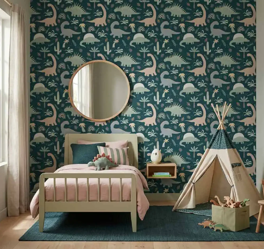 dino behang donkergroen achter kinderbed en tipi tent in kinderkamer
