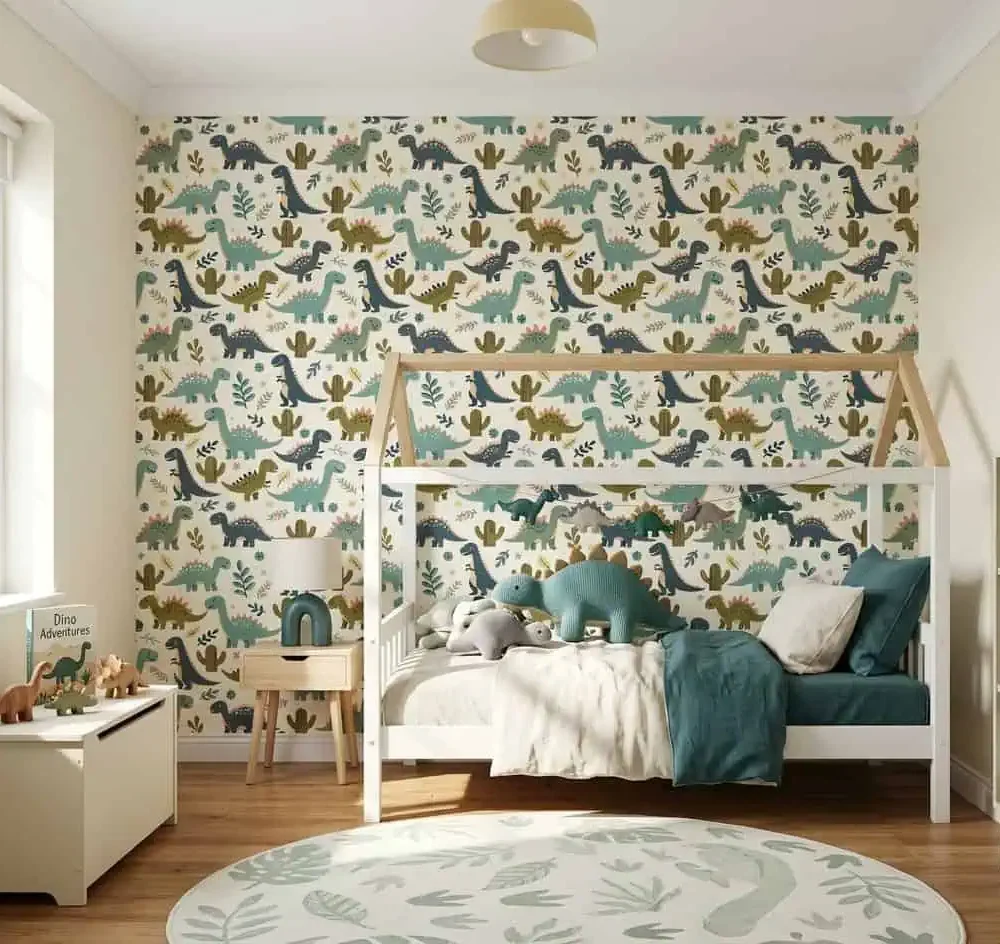 dino behang groen blauw mosterd achter peuterbed in kinderkamer