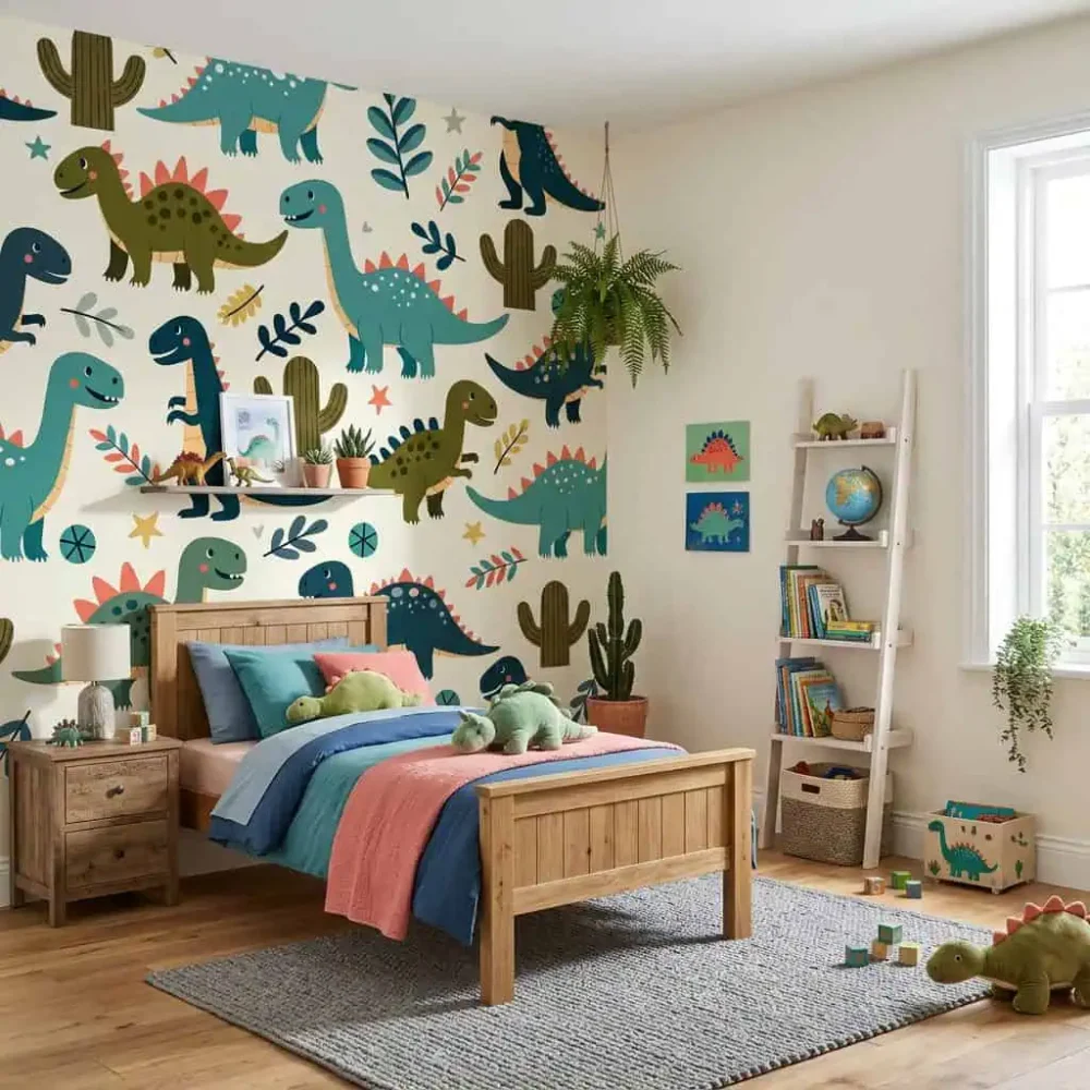 dino behang groen blauw mosterd achter houten bed in kinderkamer
