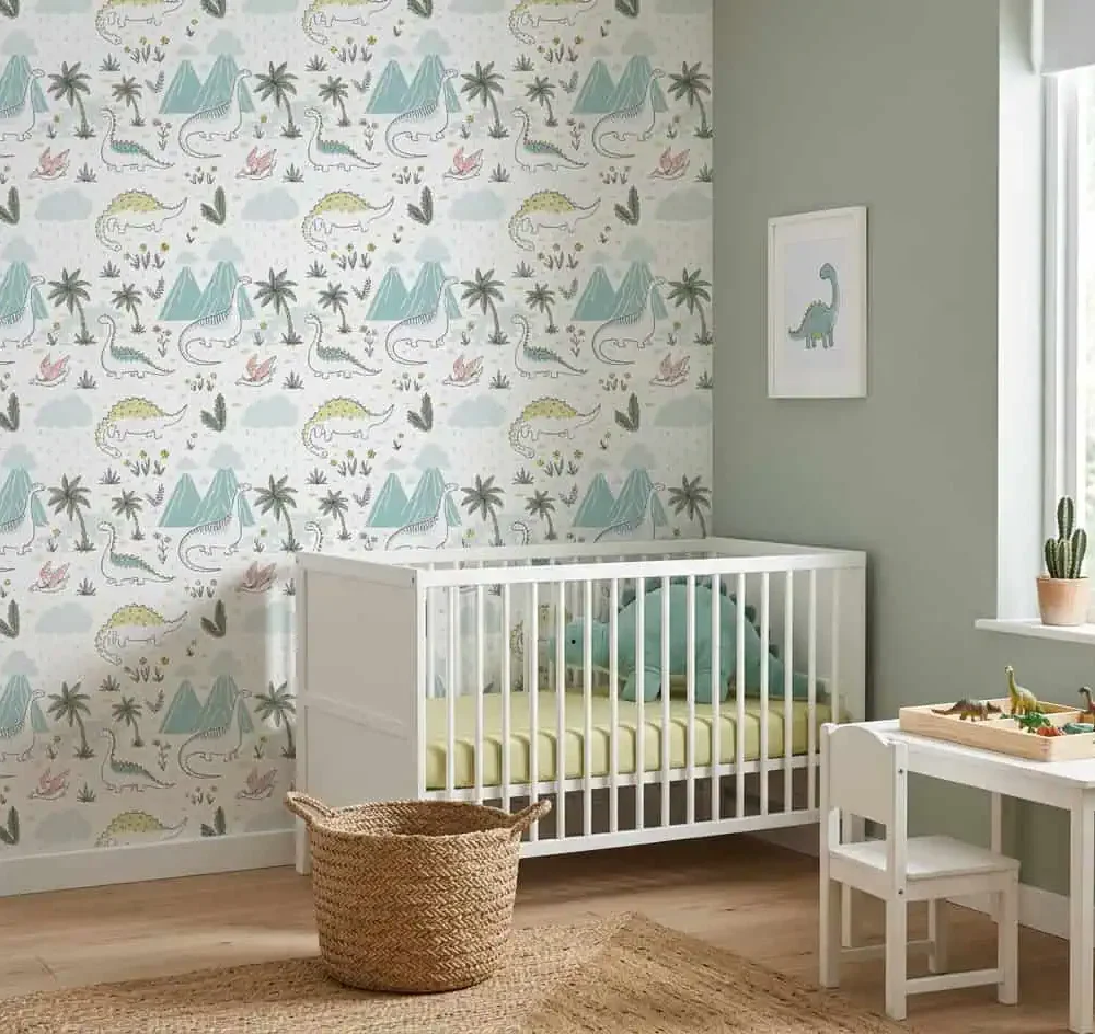dino behang groen geel achter ledikant en speeltafel in babykamer
