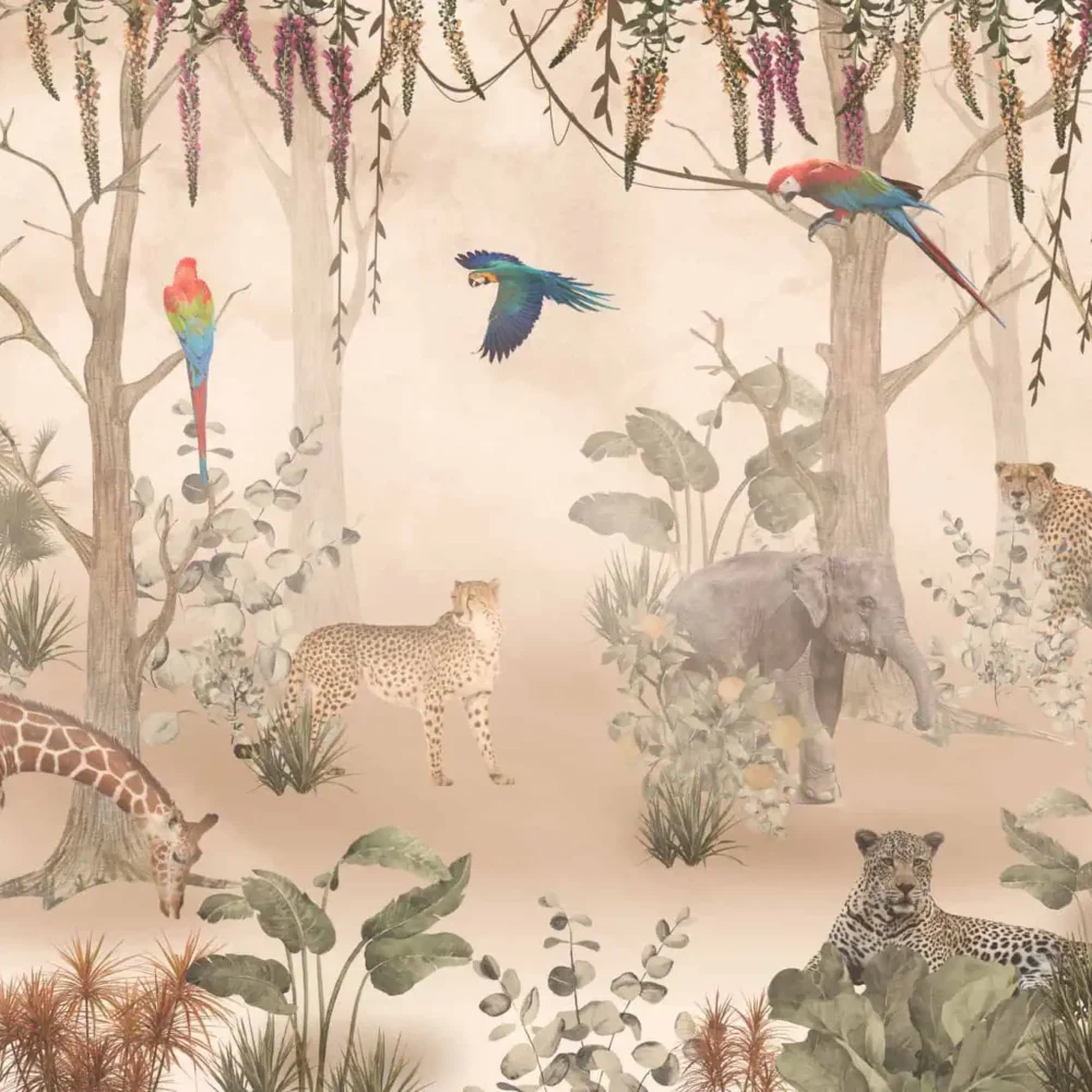 jungle behang cheetah giraffe zandkleur met olifant en papegaai, botanische jungle op warme zandkleurige achtergrond