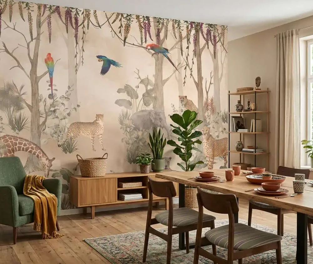 jungle behang cheetah giraffe zandkleur achter eettafel in gezellige eetkamer