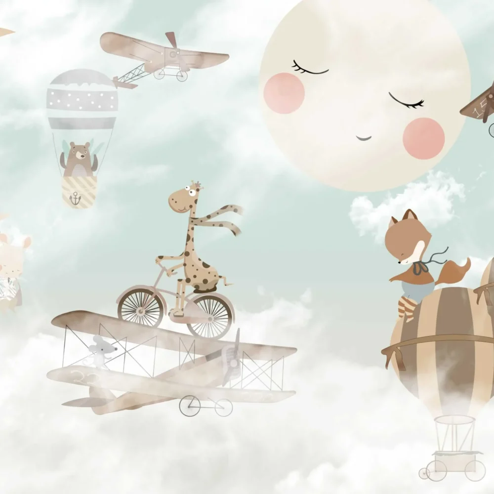 kinderkamer behang dieren luchtballonnen pastel met dieren, luchtballonnen, vliegtuigen en wolken in zachte pasteltinten