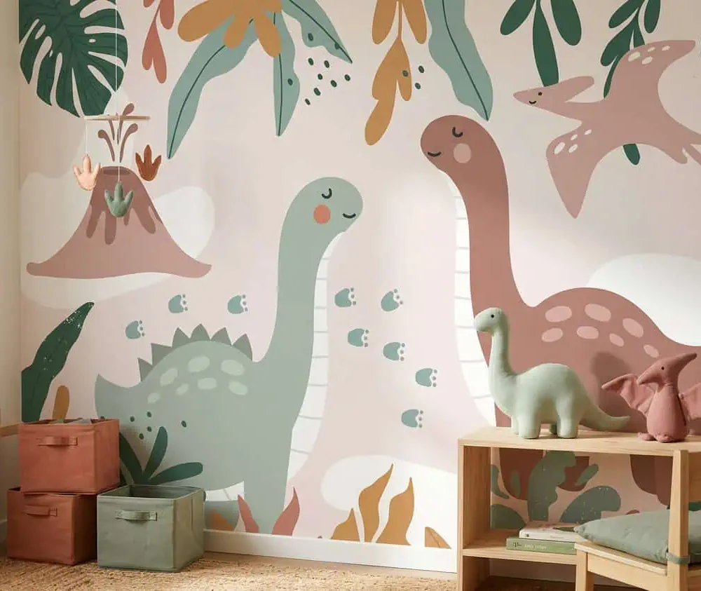 kinderkamer behang dinosaurus pastel achter opbergdozen en boekenplankje in kinderkamer
