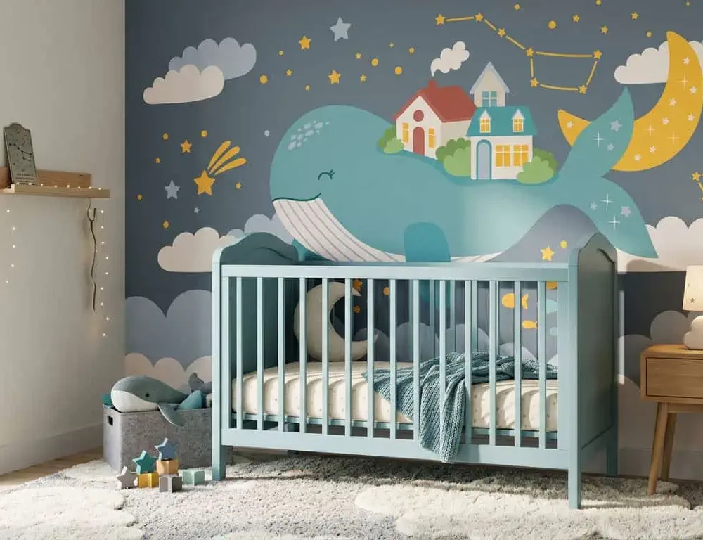 kinderkamer behang walvis blauw achter ledikant in babykamer