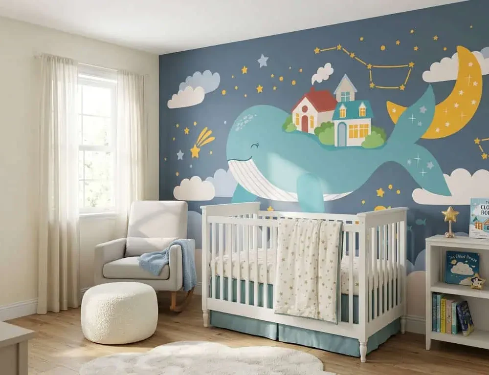 kinderkamer behang walvis blauw achter ledikant en fauteuil in babykamer