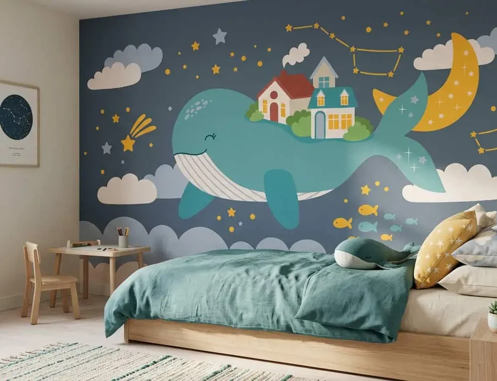 kinderkamer behang walvis blauw achter bed in kinderkamer