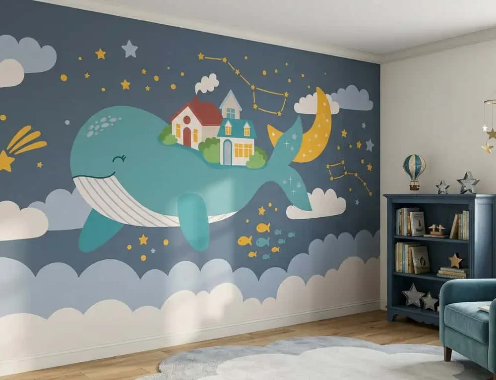 kinderkamer behang walvis blauw achter boekenkast en fauteuil in kinderkamer