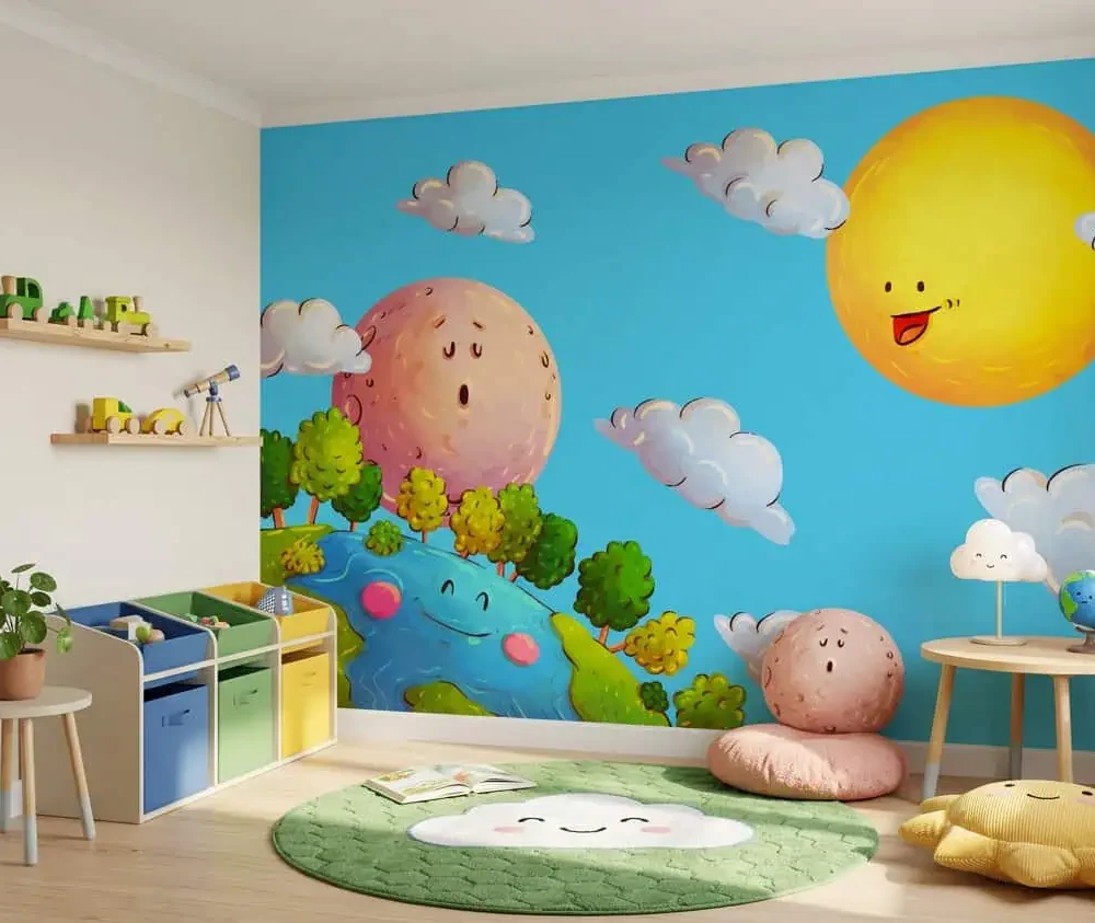 kinderkamer behang zon maan aarde blauw achter speelhoek in kinderkamer
