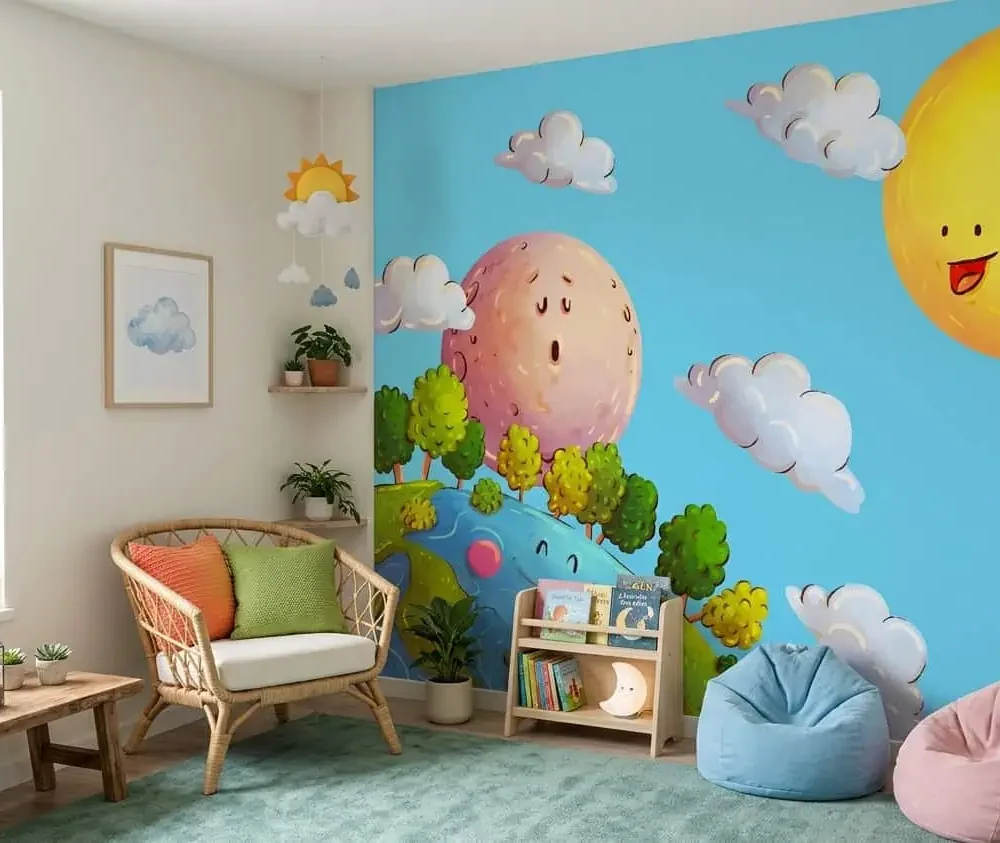 kinderkamer behang zon maan aarde blauw achter rotan stoel en boekenrek in kinderkamer