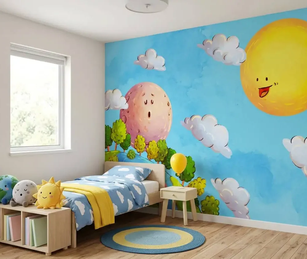 kinderkamer behang zon maan aarde blauw achter bed in kinderkamer