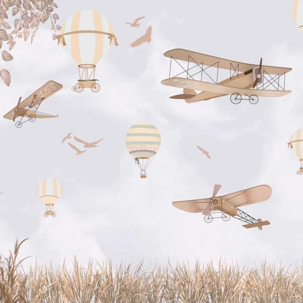 luchtballonnen behang vintage vliegtuigen beige met zachte illustratie en nostalgische vliegtuigen in beige tinten
