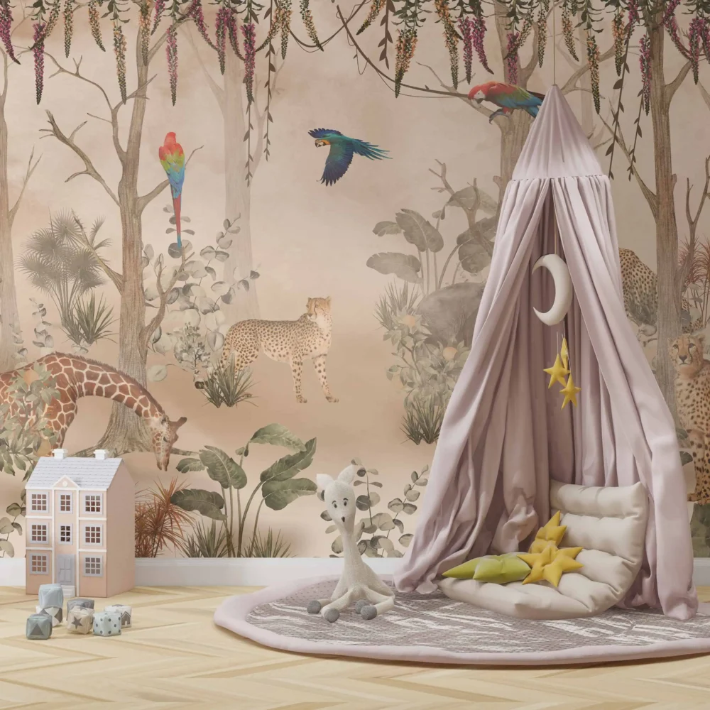 jungle behang cheetah giraffe zandkleur achter speeltent in kinderkamer