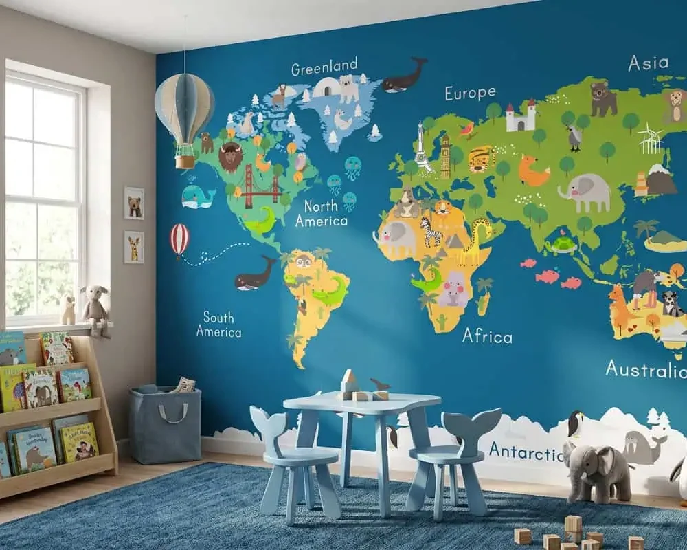 wereldkaart behang dieren blauw achter kinderstoeltjes in kinderkamer