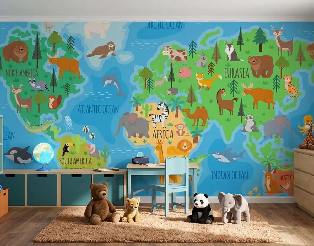 wereldkaart behang dieren achter kinderbureau en speelgoed in kinderkamer