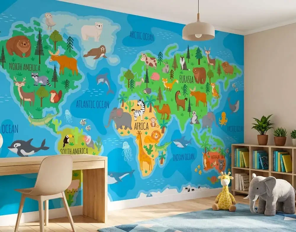 wereldkaart behang dieren achter bureau en kastje in kinderkamer